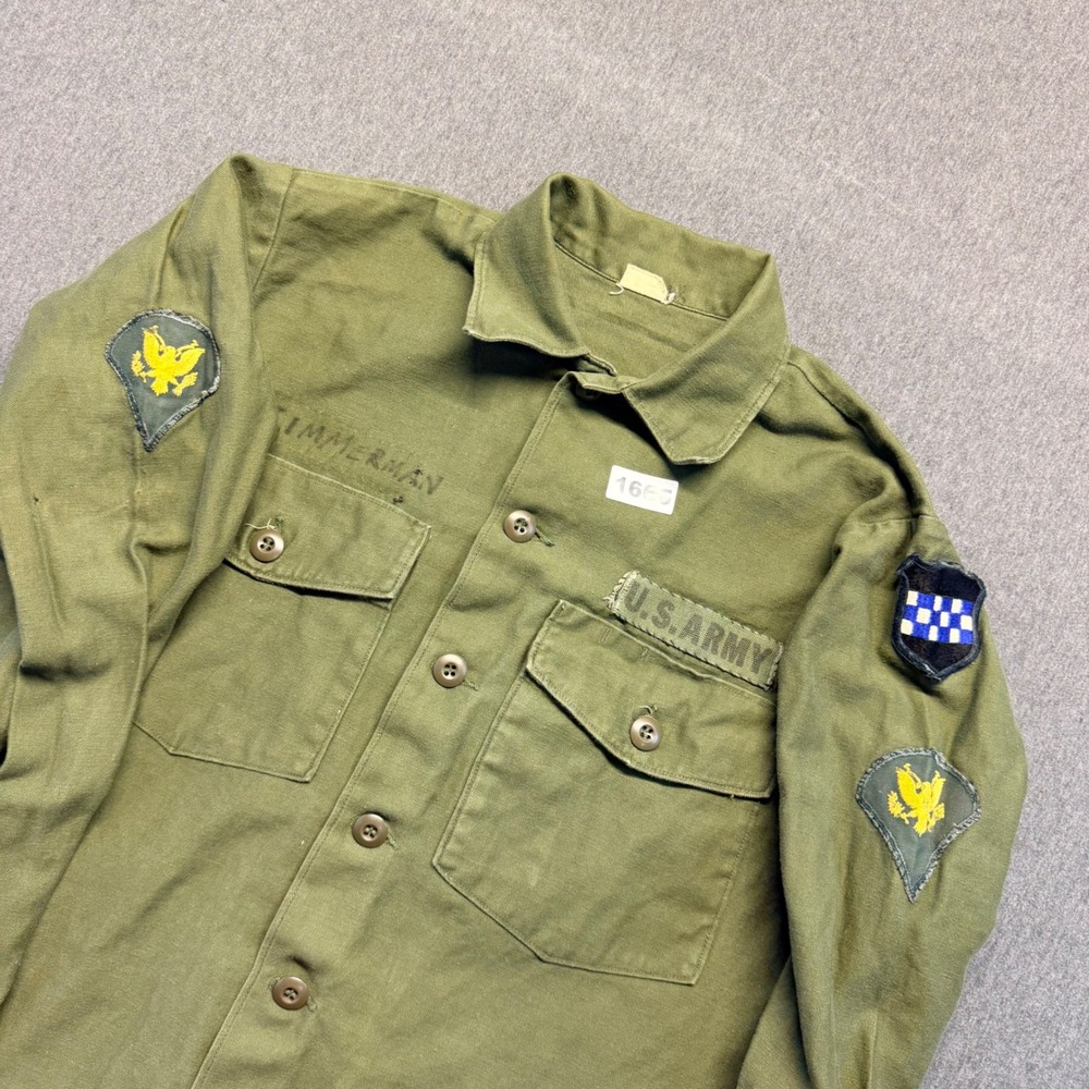 Vintage US Army OG-107 Utility Shirt 99th Infantry Division Patch Green Large